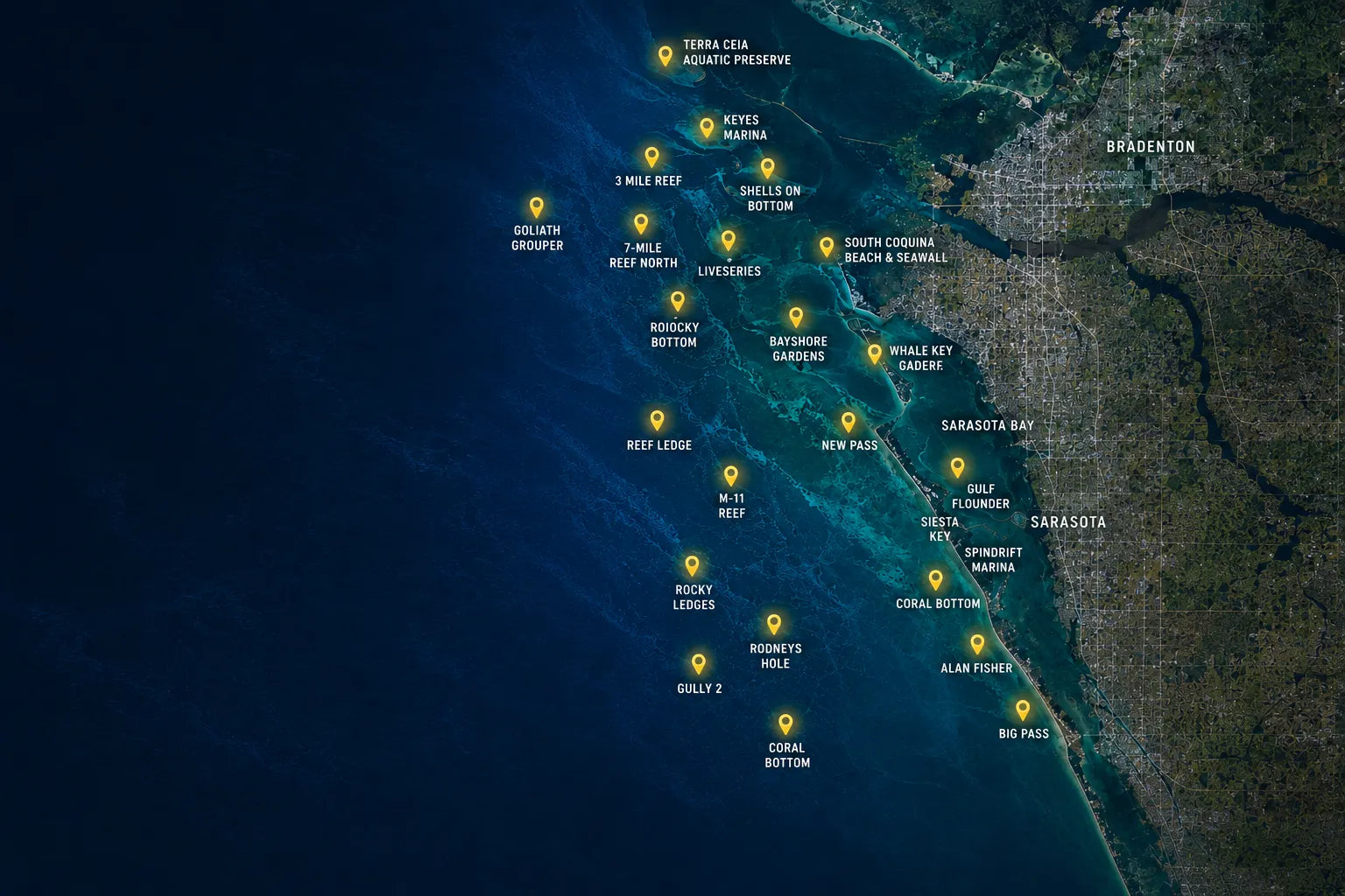 Map of proven Sarasota and Siesta Key fishing spots